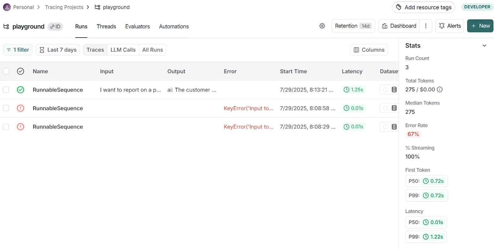 LangSmith Playground Runs