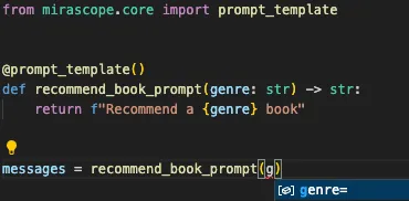 Mirascope Prompt Template Autocomplete Suggestion