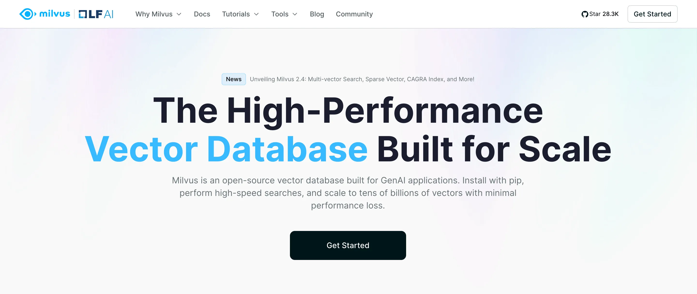 Milvus homepage: The High-Performance Vector Database Built for Scale
