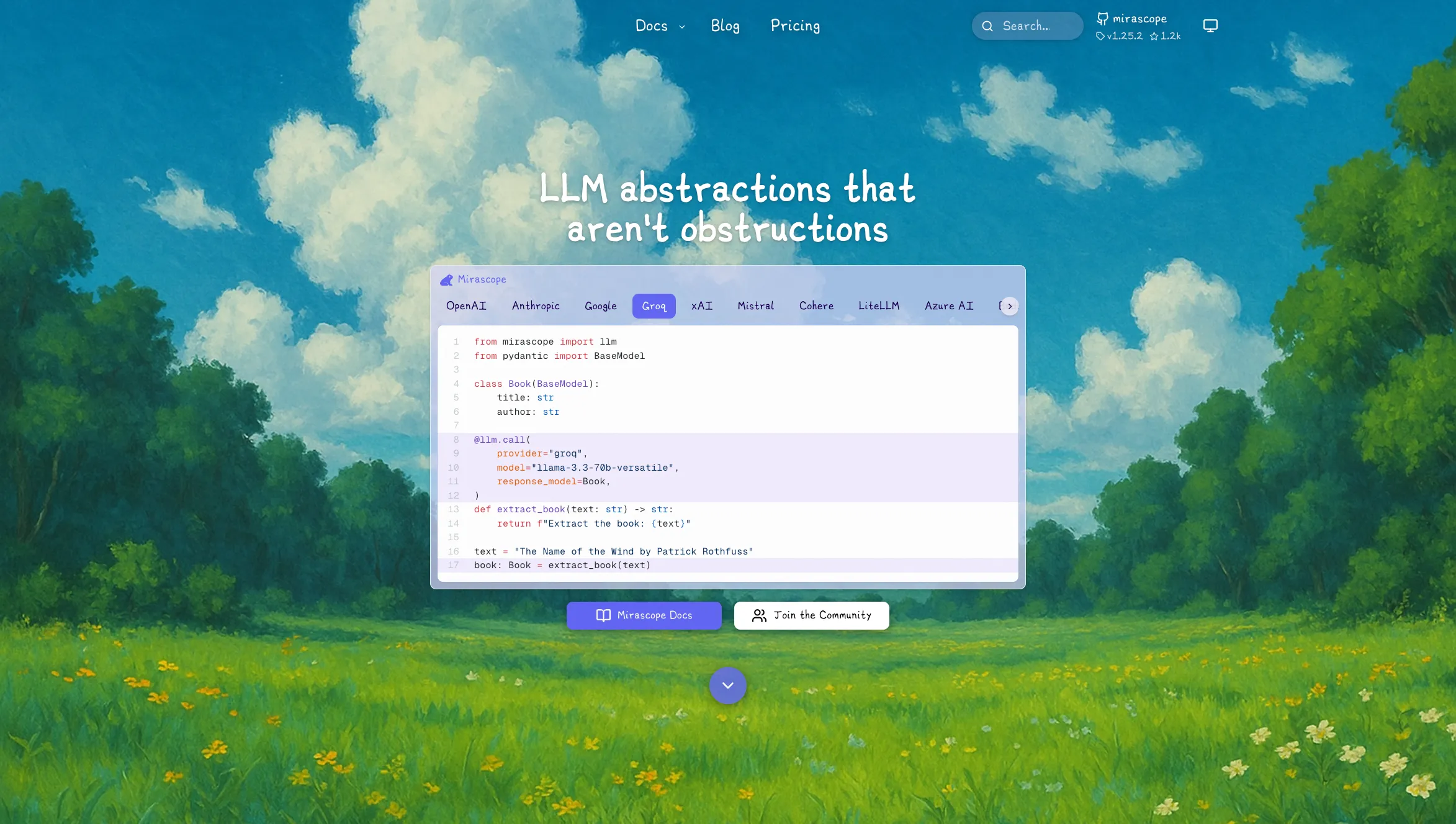 Mirascope homepage: LLM abstractions that aren't obstructions